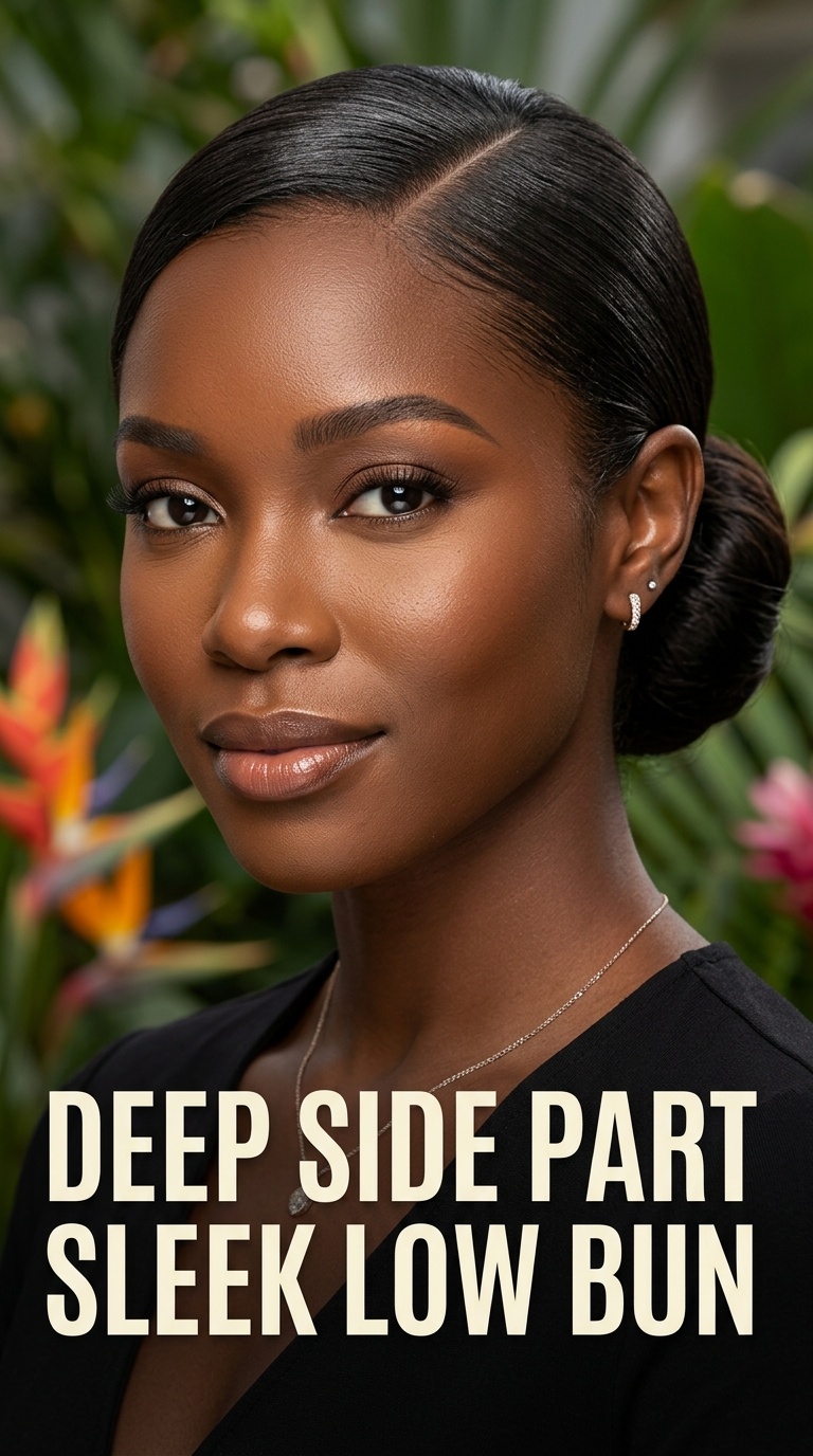 Deep Side Part Sleek Low Bun