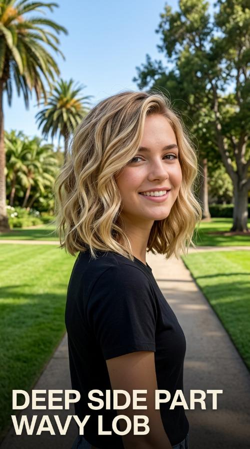 Deep Side Part Wavy Lob