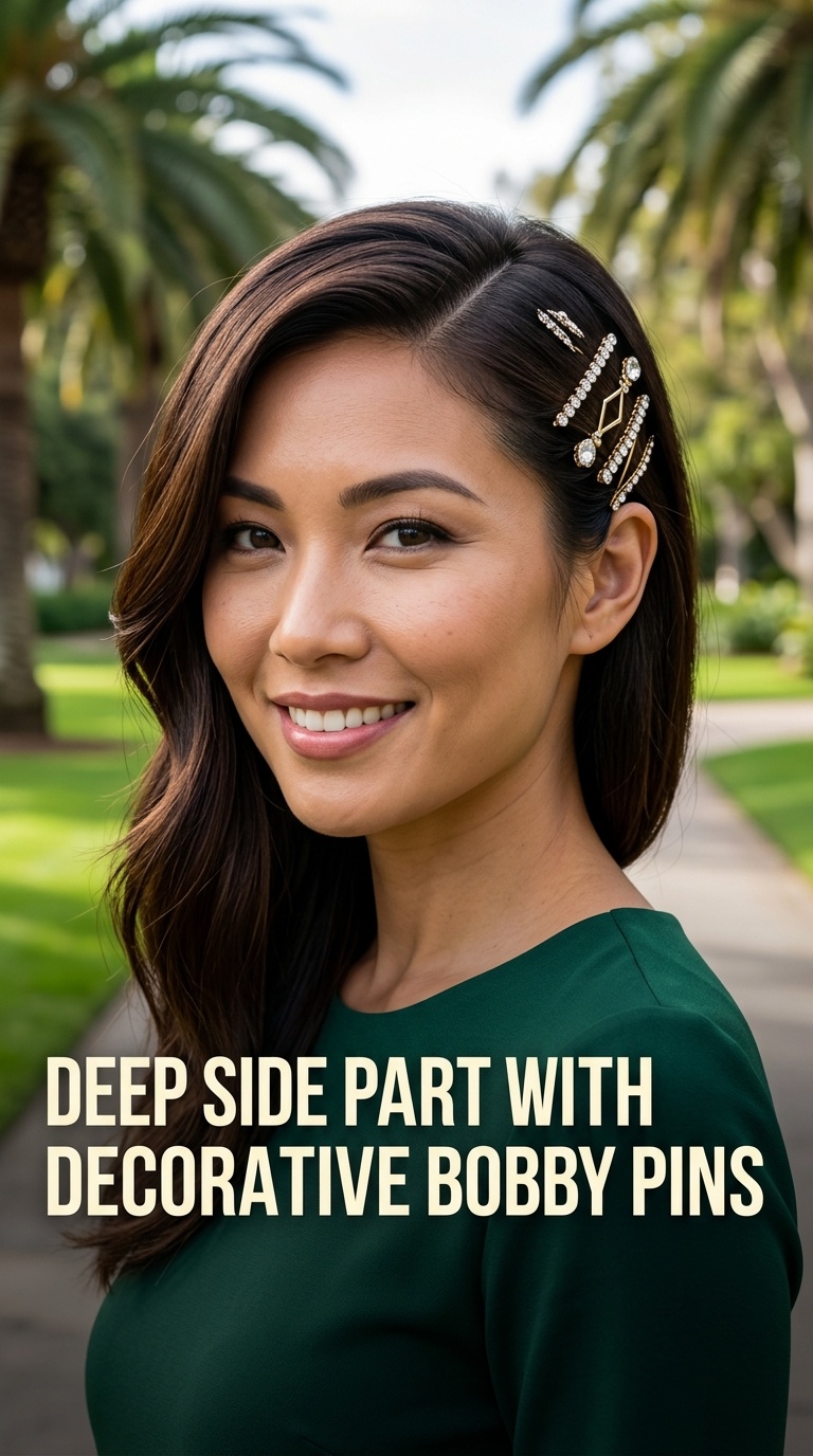 Deep Side Part with Decorative Bobby Pins