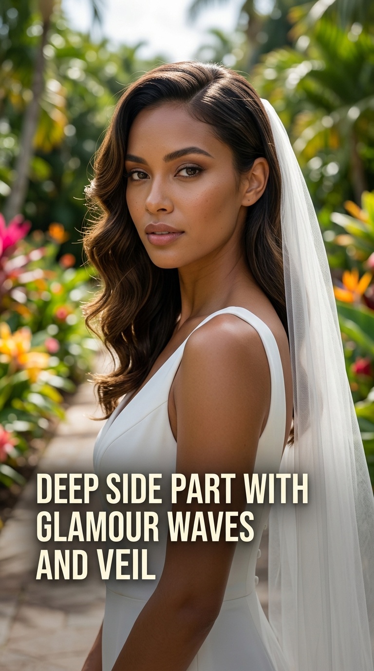Deep Side Part with Glamour Waves and Veil