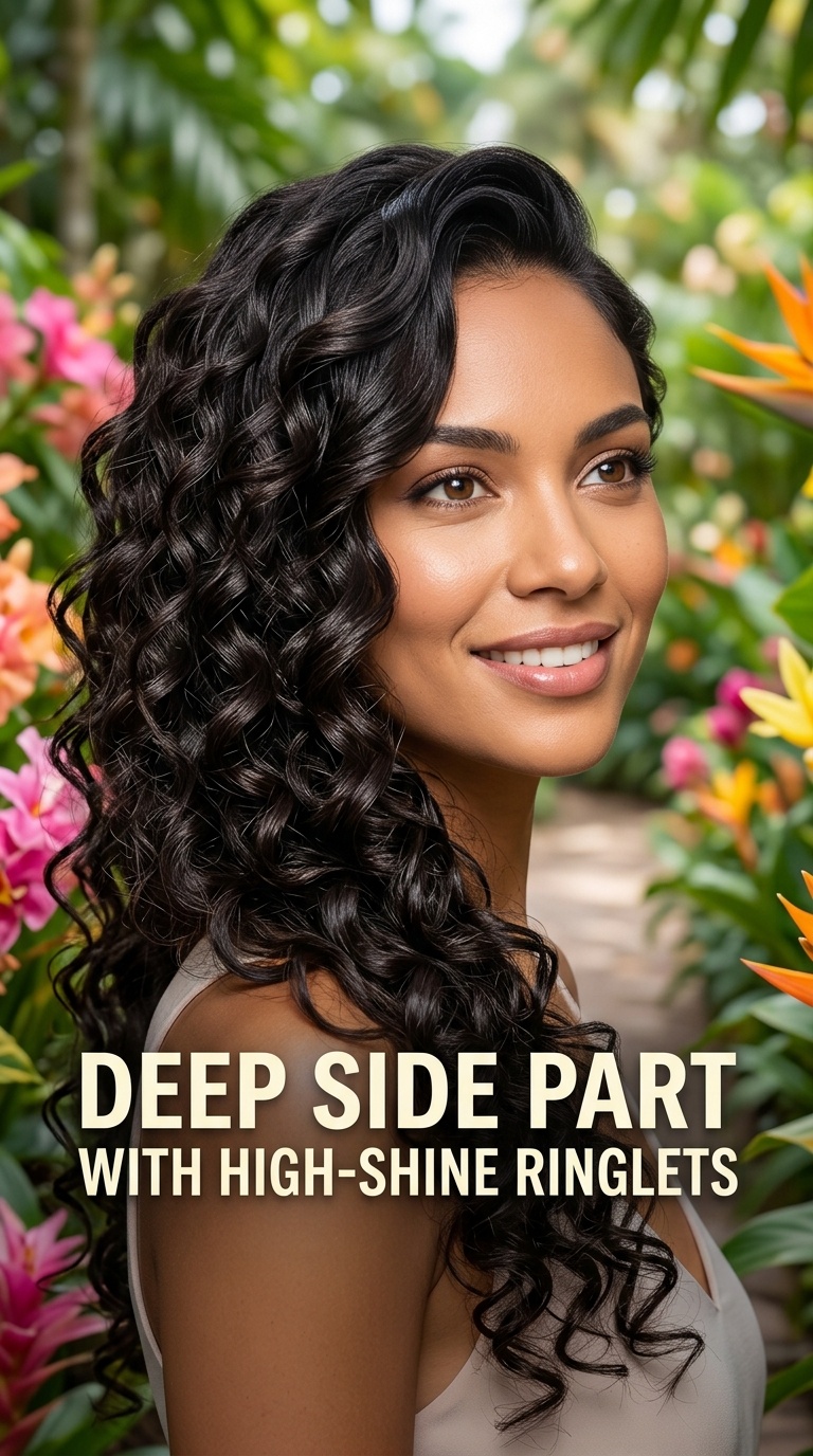 Deep Side Part with High-Shine Ringlets