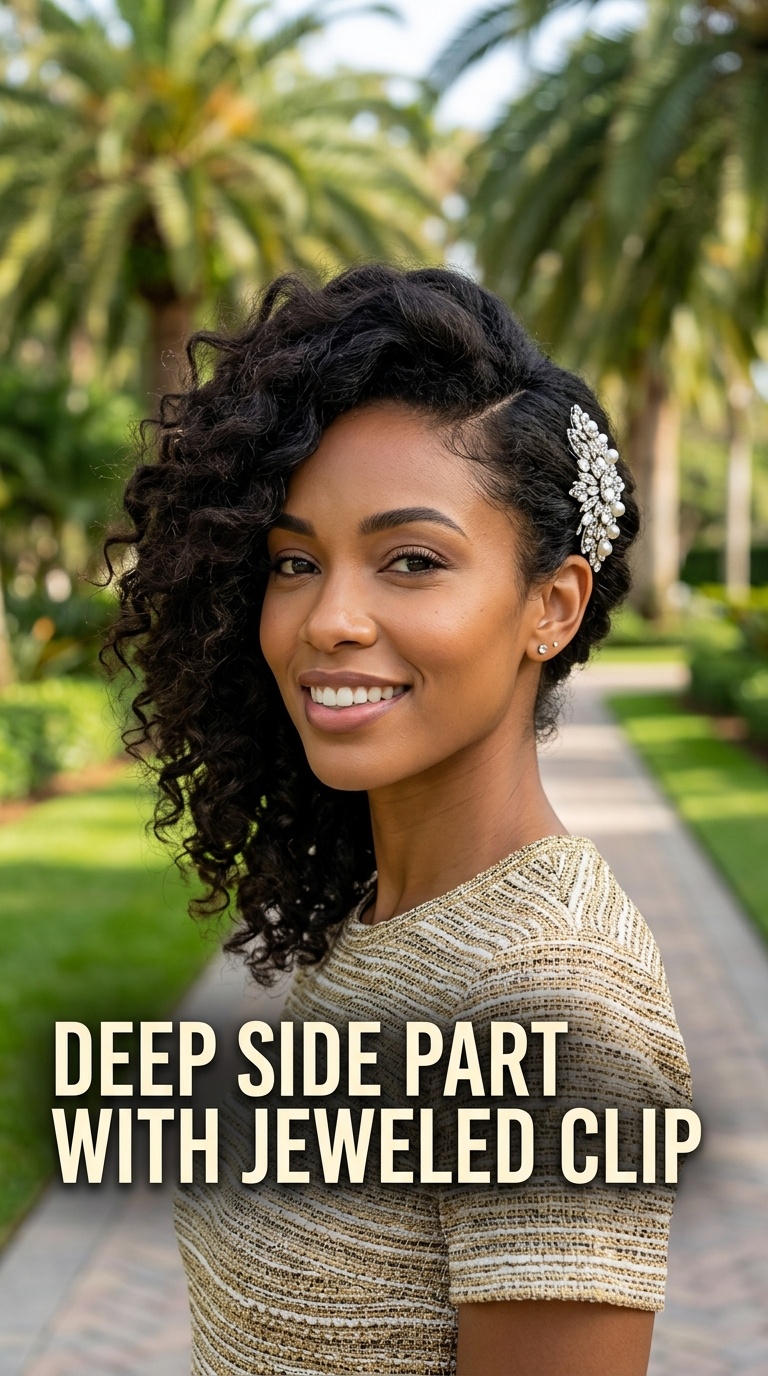 Deep Side Part with Jeweled Clip