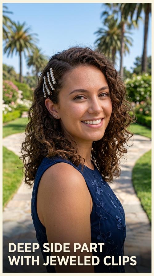 Deep Side Part with Jeweled Clips