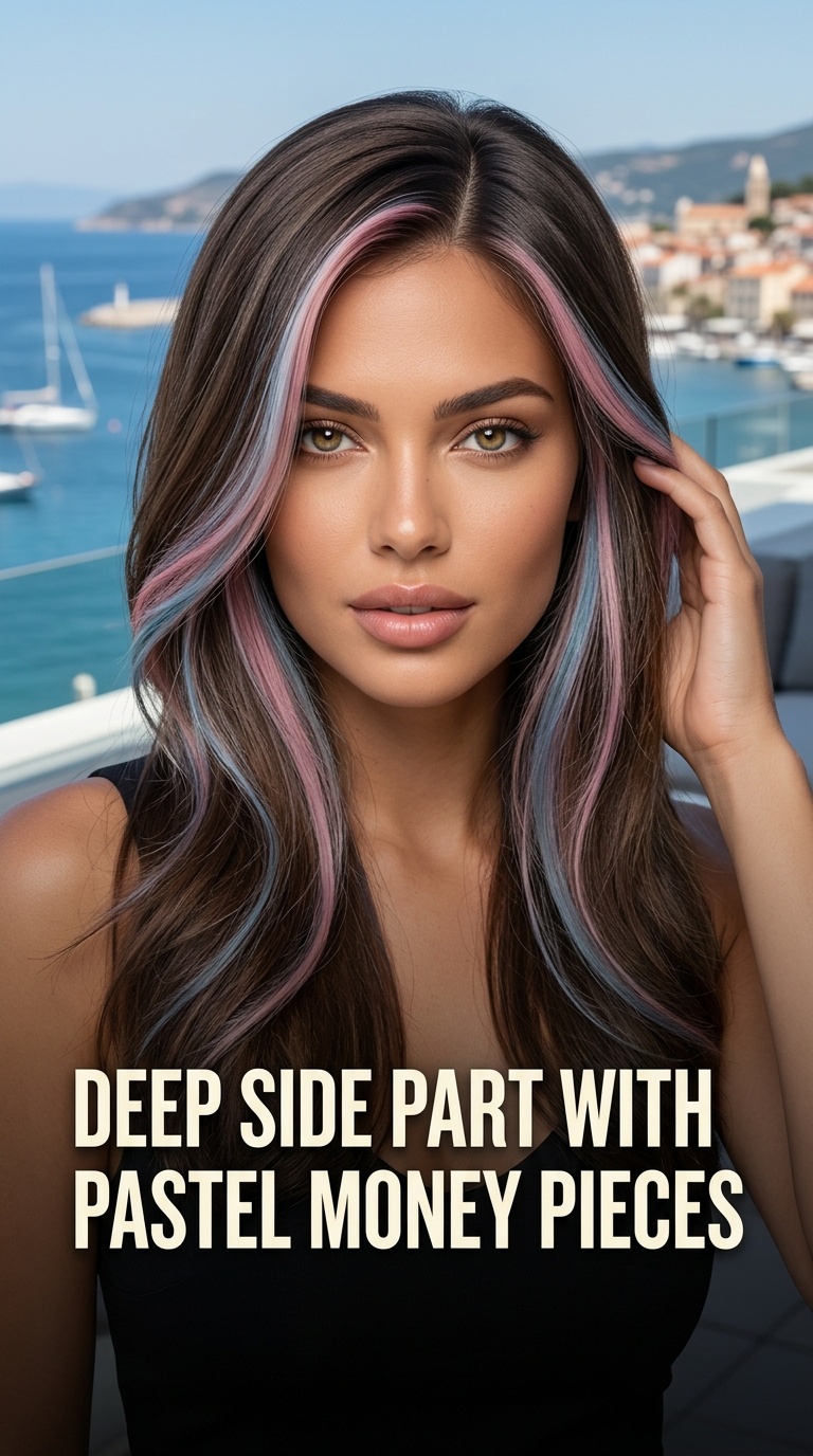 Deep Side Part with Pastel Money Pieces
