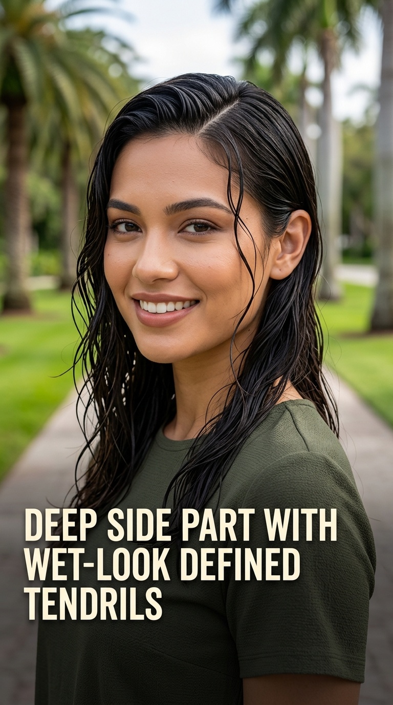 Deep Side Part with Wet-Look Defined Tendrils