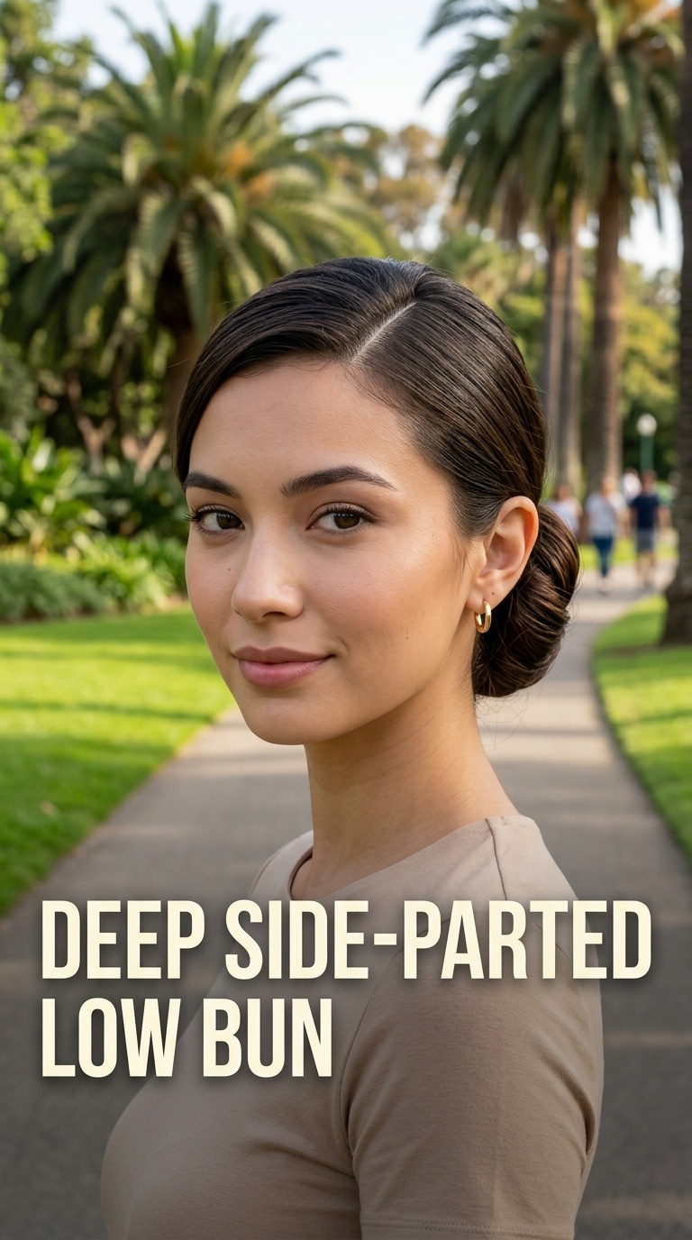 Deep Side-Parted Low Bun
