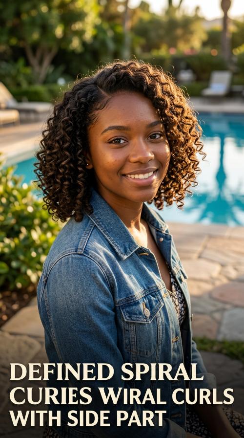 Defined Spiral Curls with Side Part
