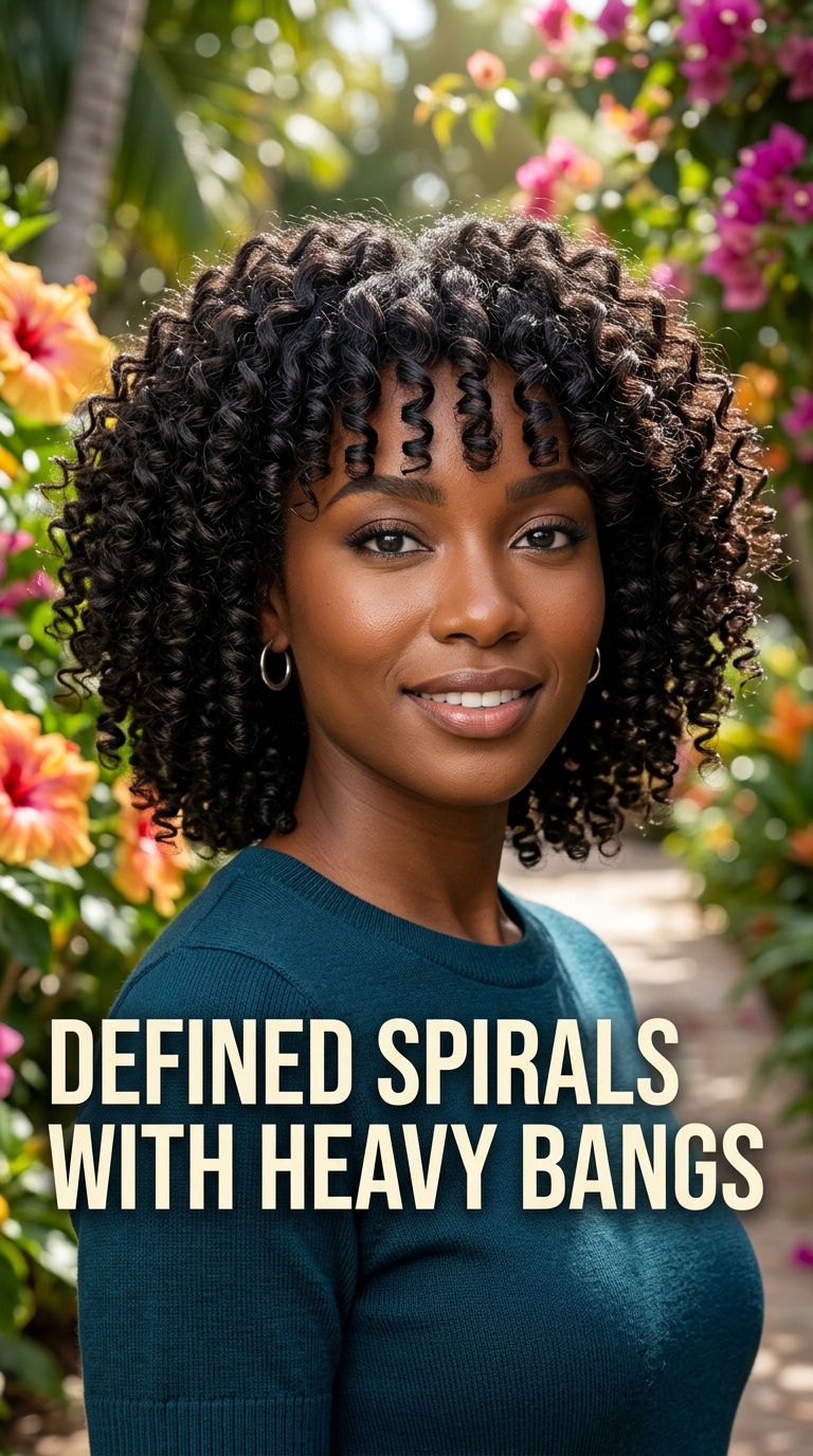 Defined Spirals with Heavy Bangs