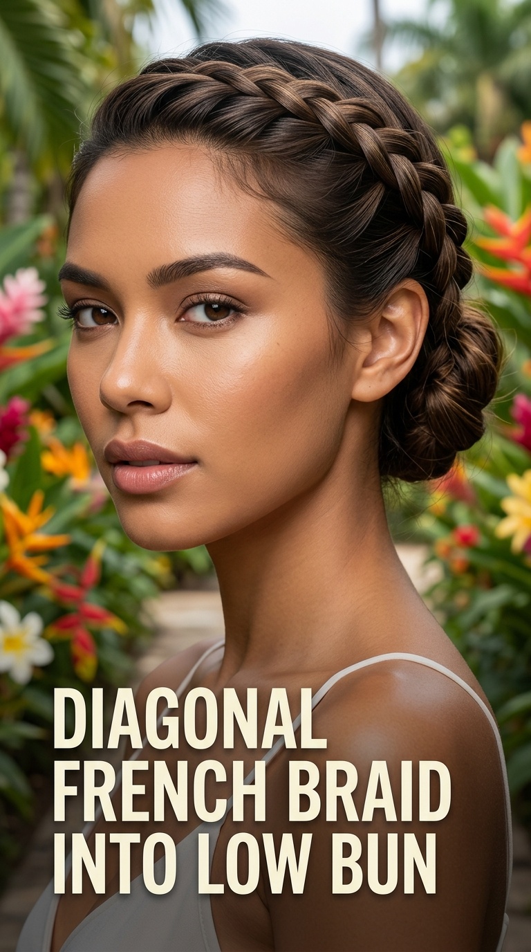Diagonal French Braid into Low Bun