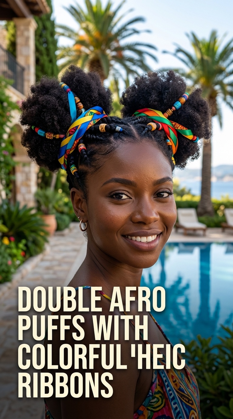 Double Afro Puffs with Colorful Ribbons