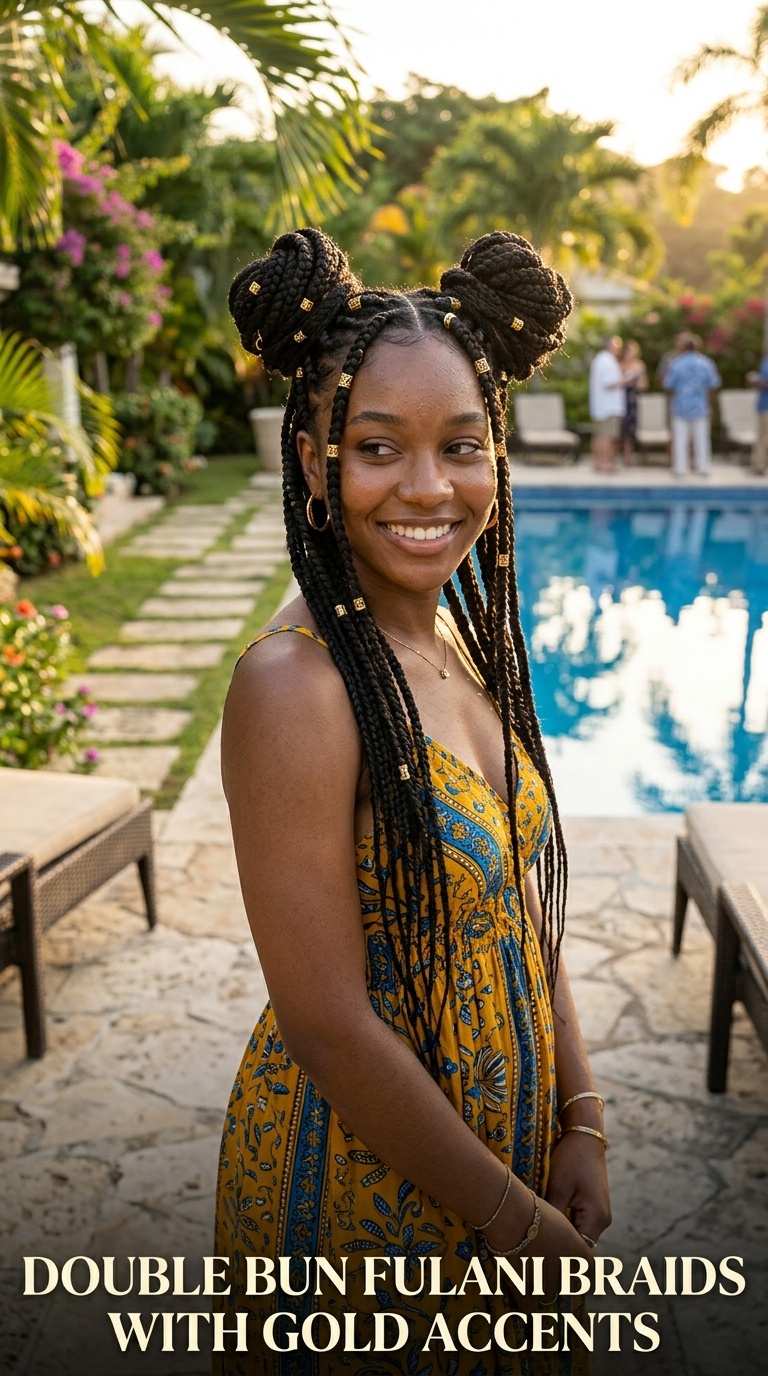 Double Bun Fulani Braids with Gold Accents