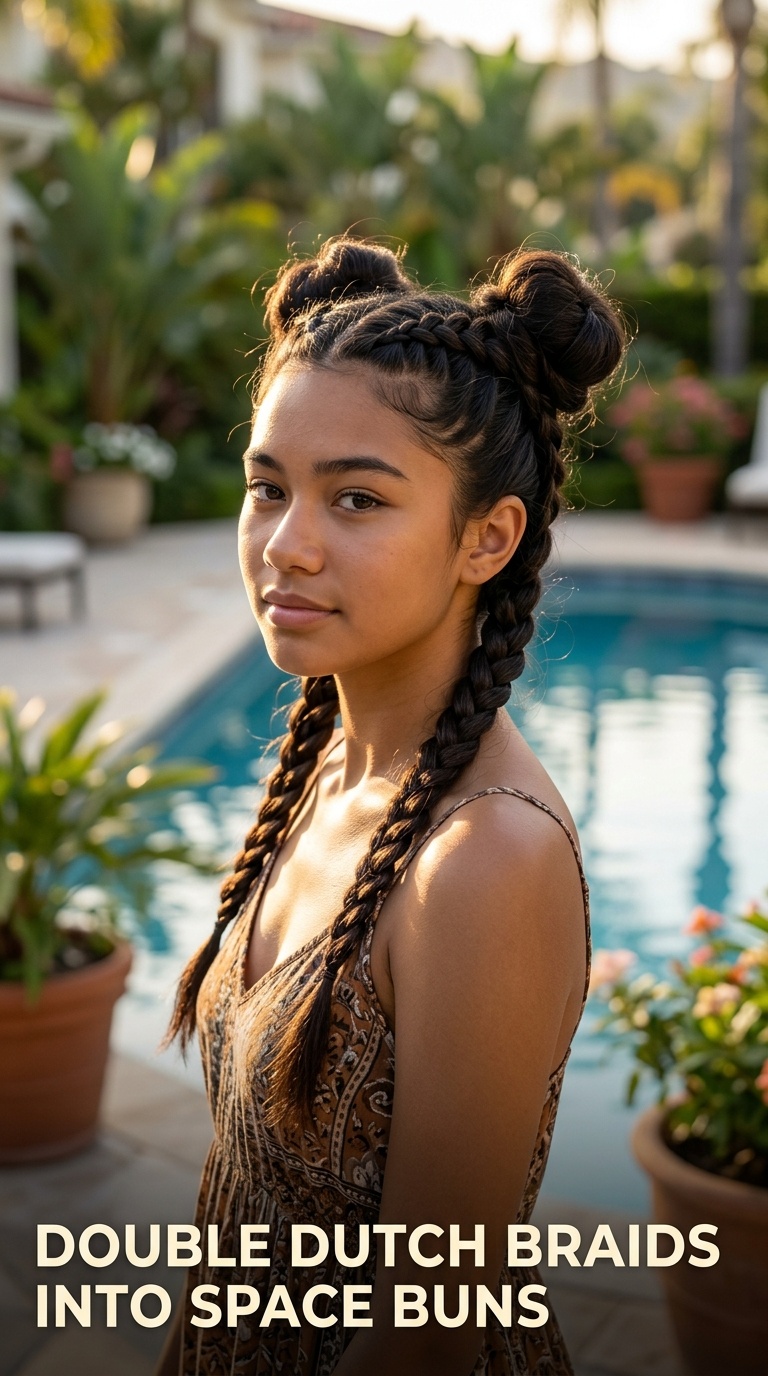 Double Dutch Braids into Space Buns
