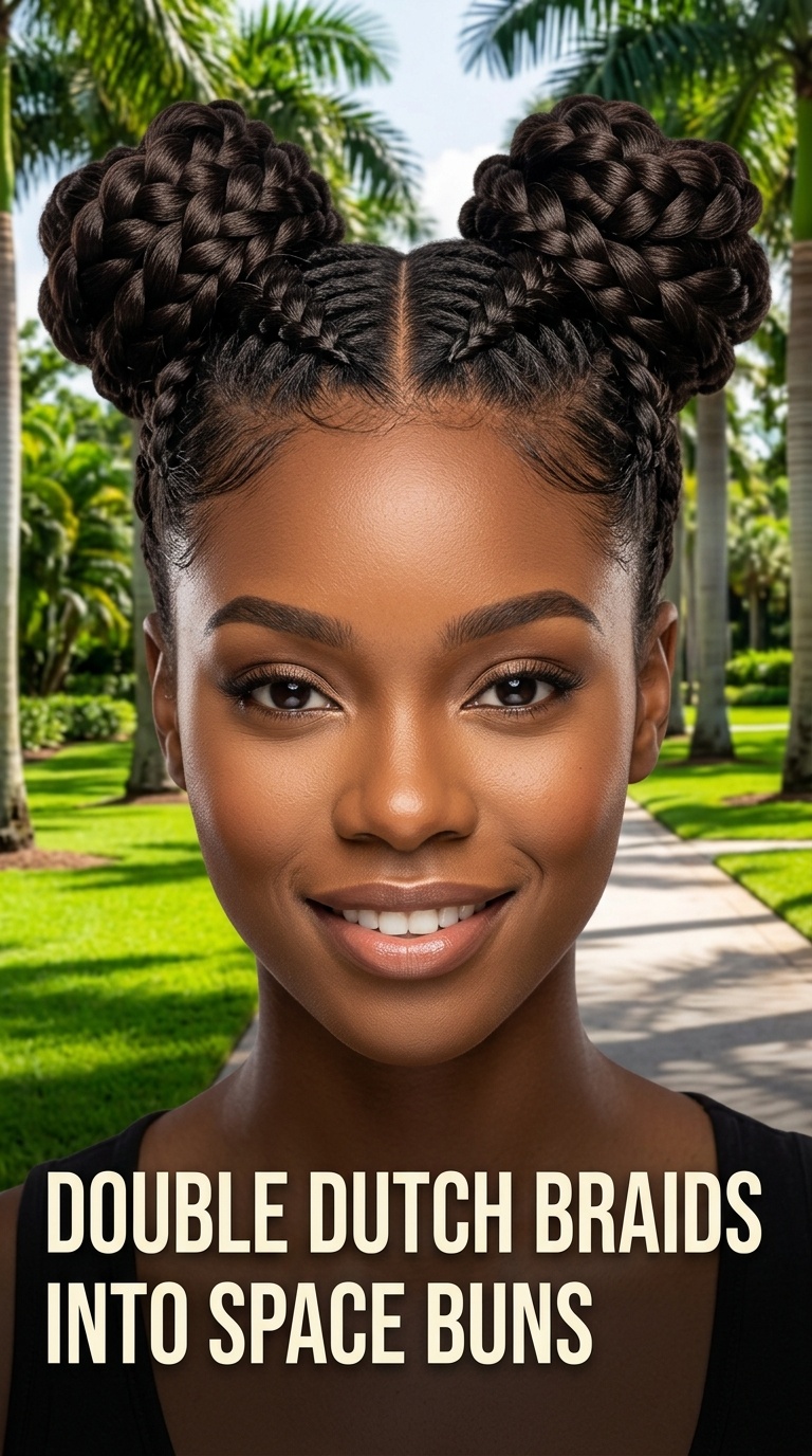 Double Dutch Braids into Space Buns