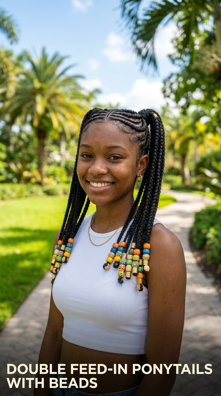 Double Feed-In Ponytails with Beads