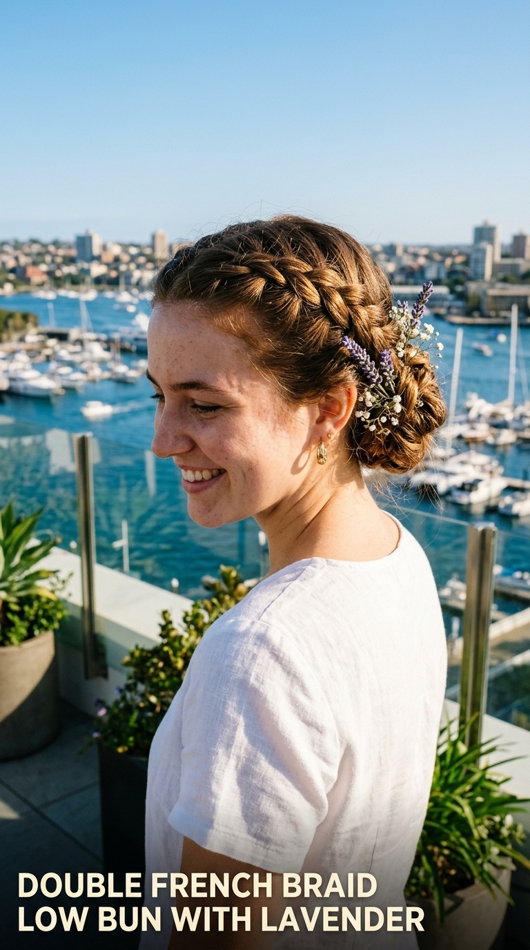 Double French Braid Low Bun with Lavender