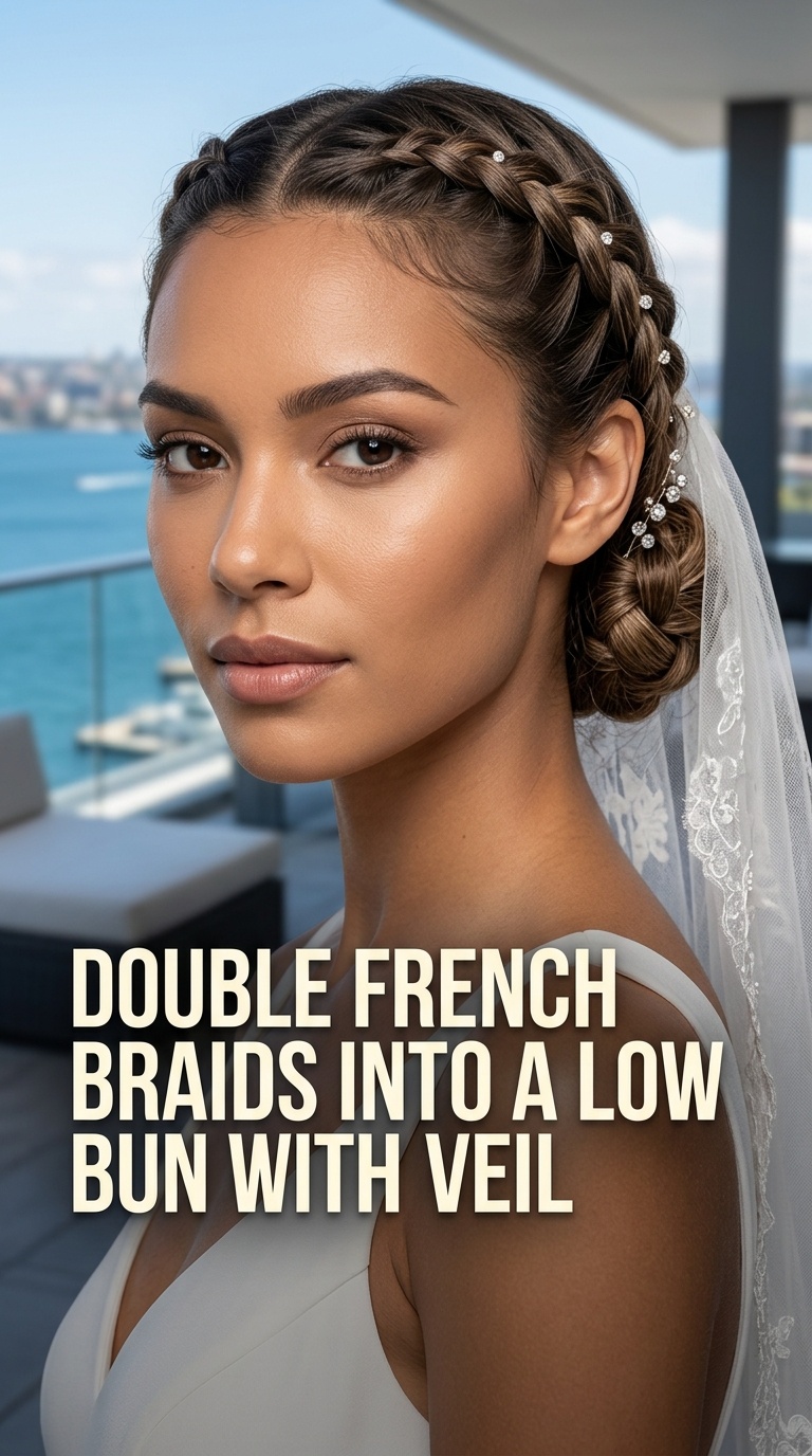 Double French Braids into a Low Bun with Veil