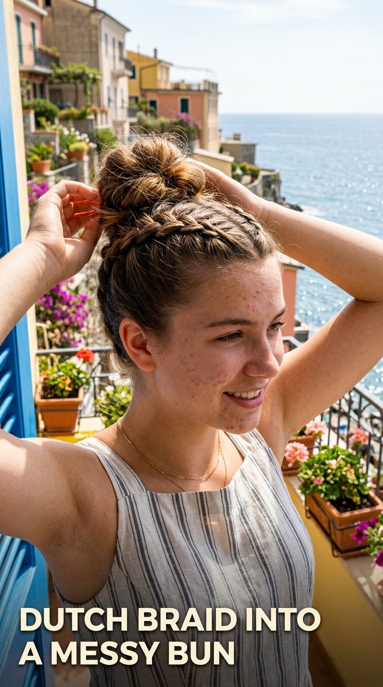 Dutch Braid into a Messy Bun