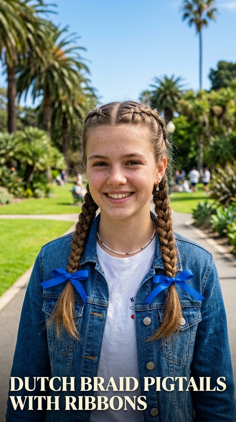 Dutch Braid Pigtails with Ribbons