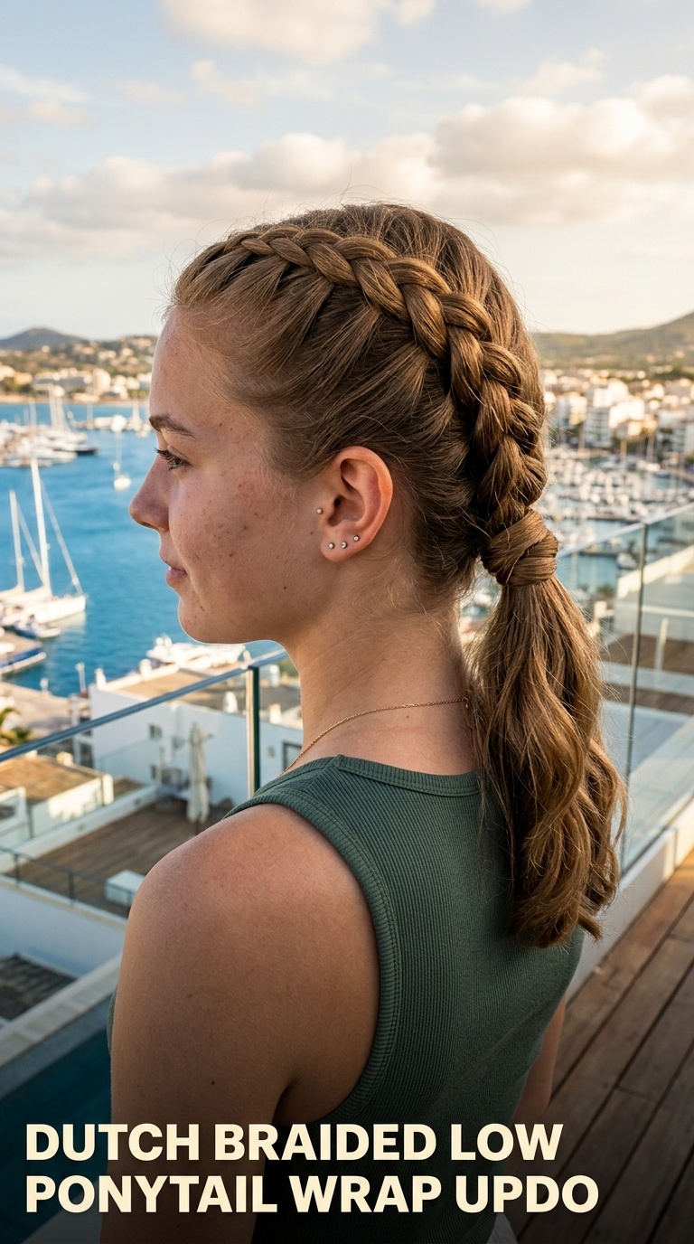 Dutch Braided Low Ponytail Wrap Updo