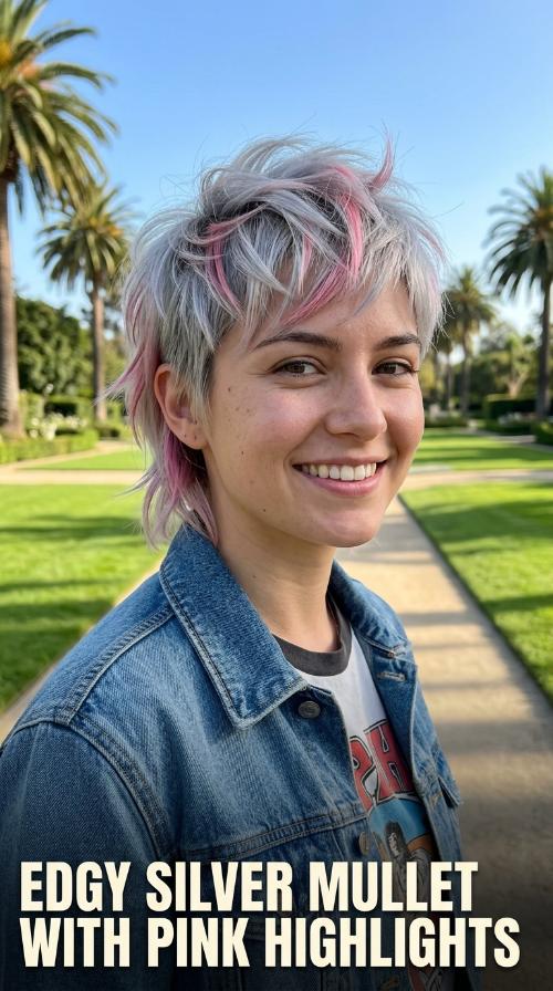 Edgy Silver Mullet with Pink Highlights