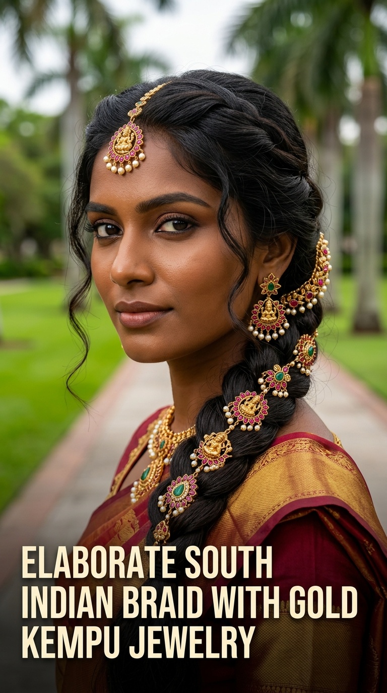 Elaborate South Indian Braid with Gold Kempu Jewelry