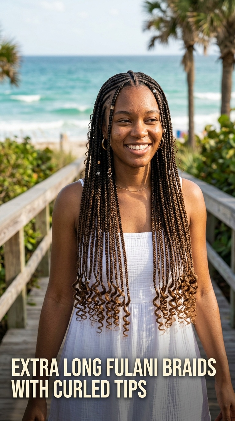 Extra Long Fulani Braids with Curled Tips