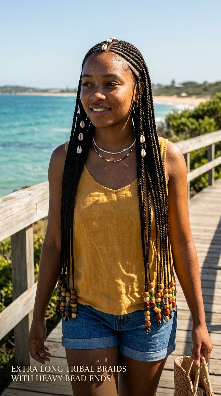 Extra Long Tribal Braids with Heavy Bead Ends