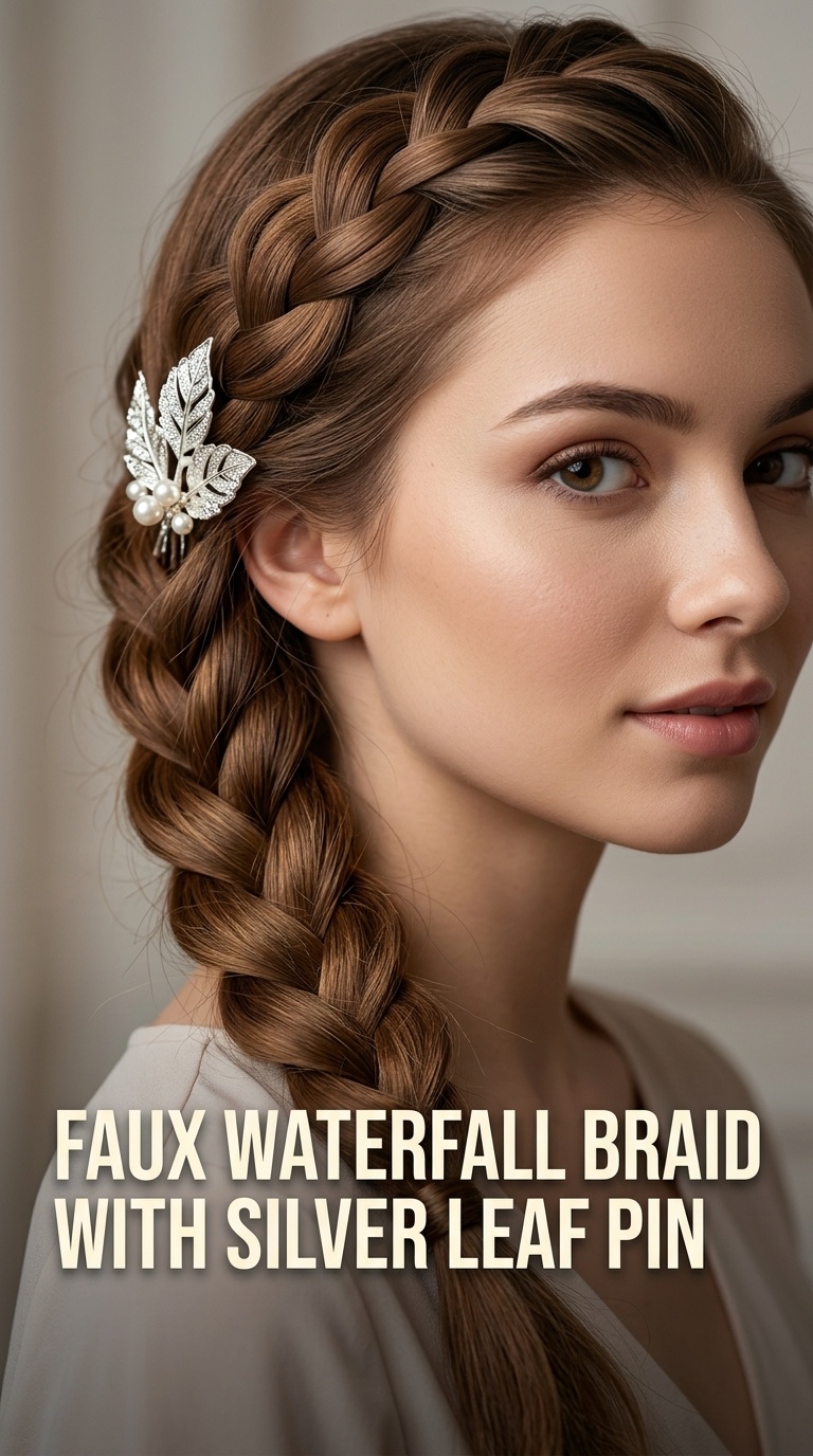 Faux Waterfall Braid with Silver Leaf Pin