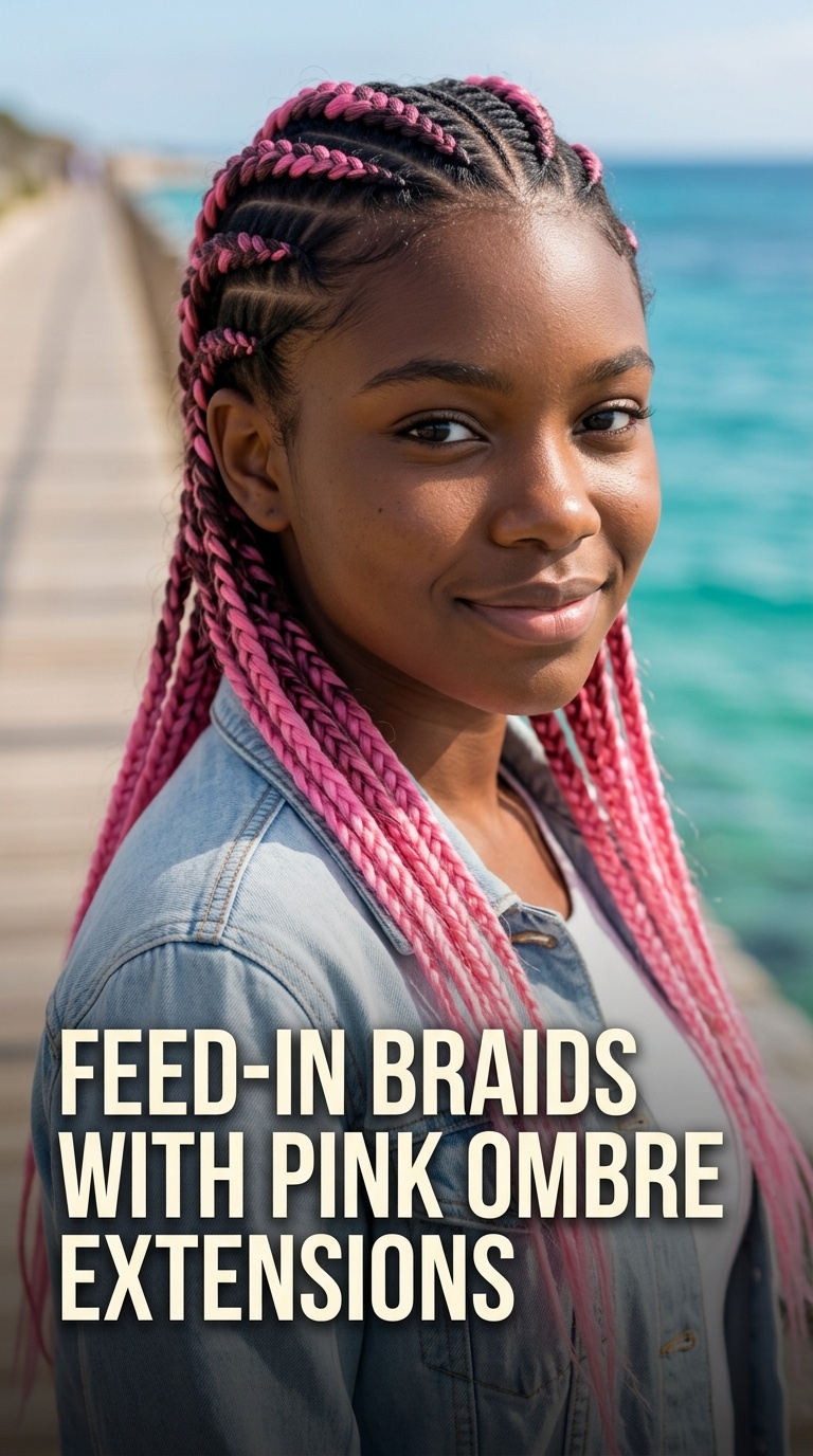 Feed-in Braids with Pink Ombre Extensions