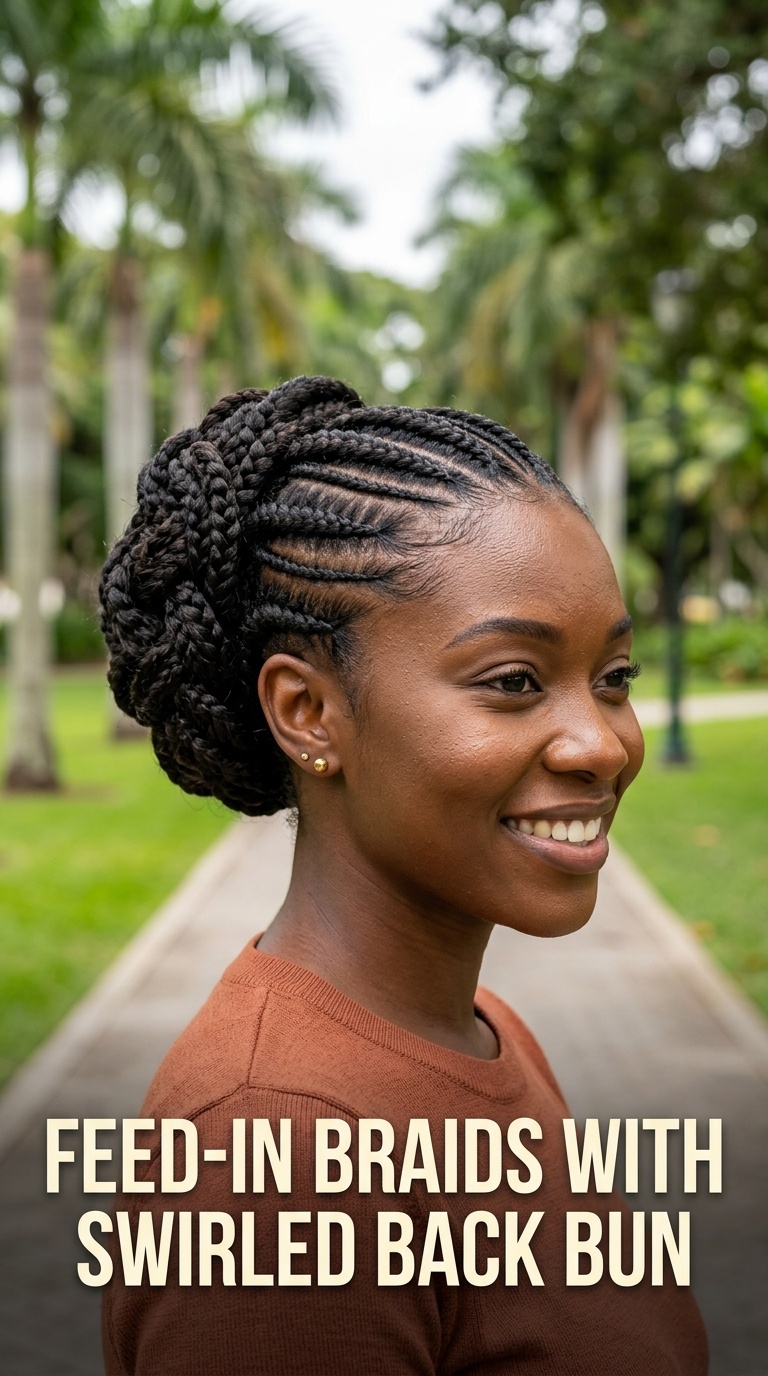 Feed-In Braids with Swirled Back Bun