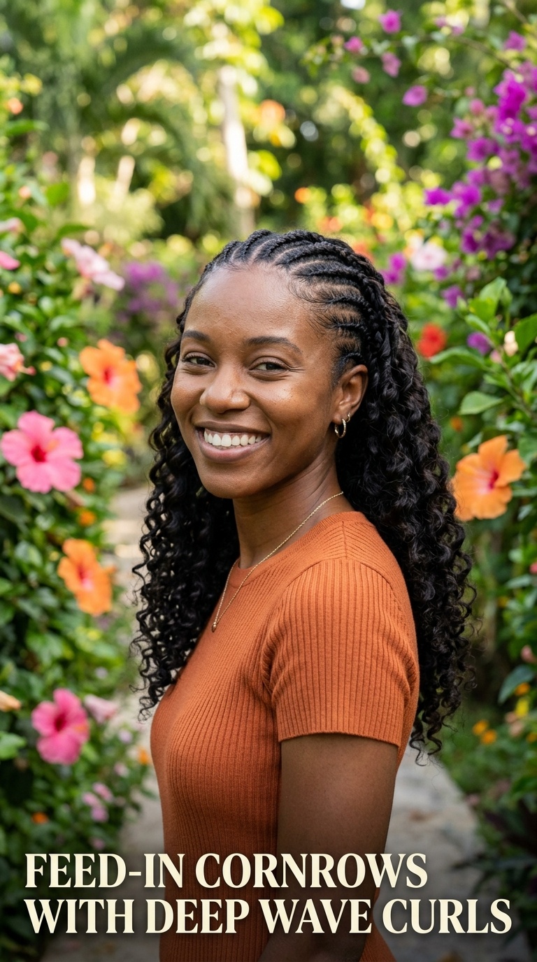 Feed-In Cornrows with Deep Wave Curls