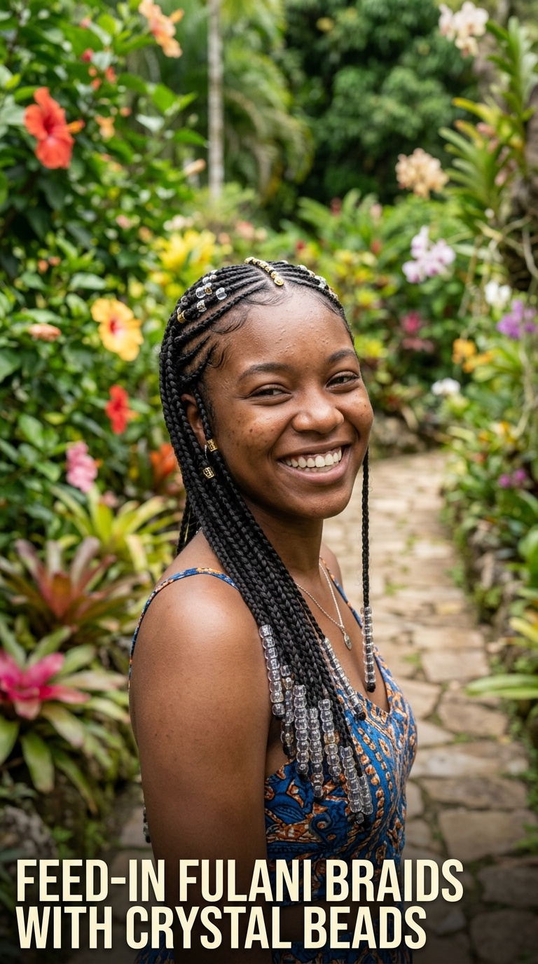 Feed-in Fulani Braids with Crystal Beads