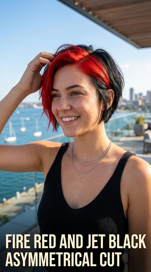 Fire Red and Jet Black Asymmetrical Cut