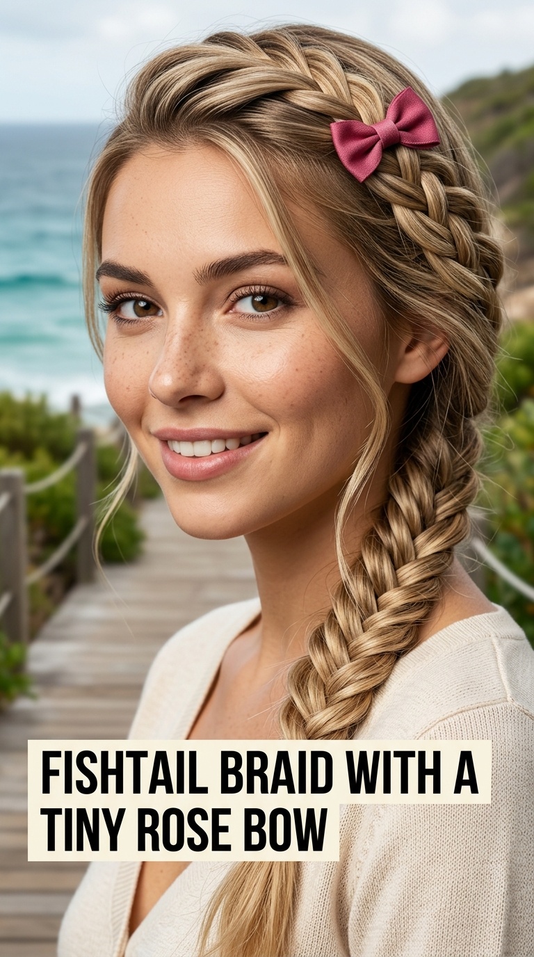 Fishtail Braid with a Tiny Rose Bow