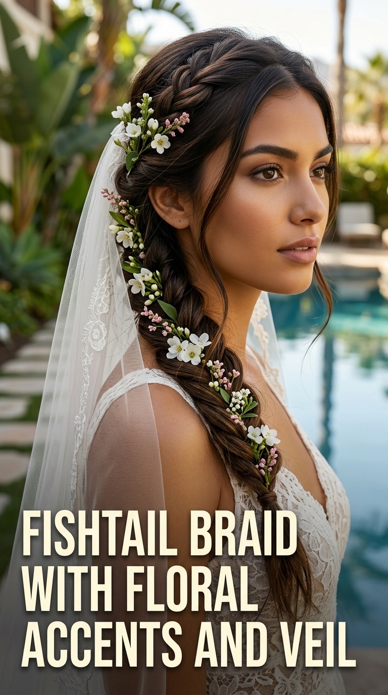 Fishtail Braid with Floral Accents and Veil