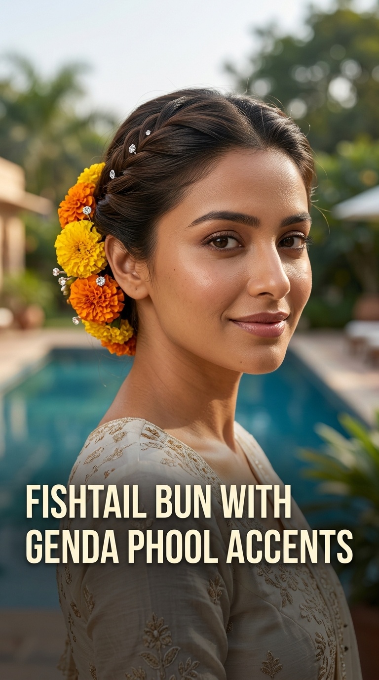 Fishtail Bun with Genda Phool Accents