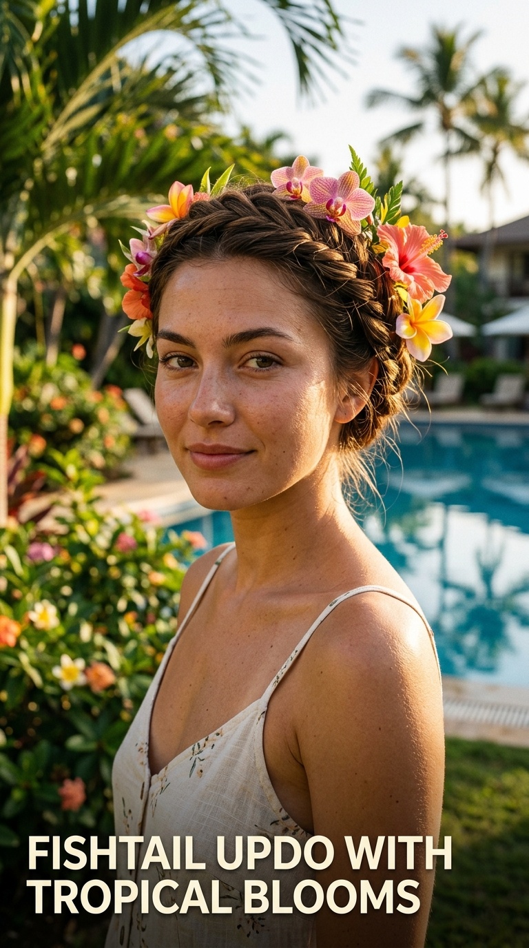 Fishtail Updo with Tropical Blooms