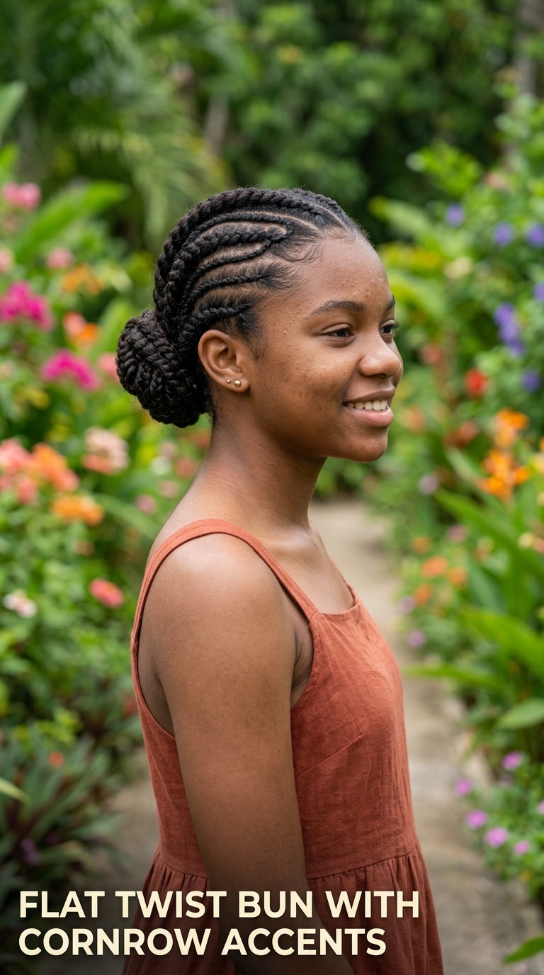 Flat Twist Bun with Cornrow Accents
