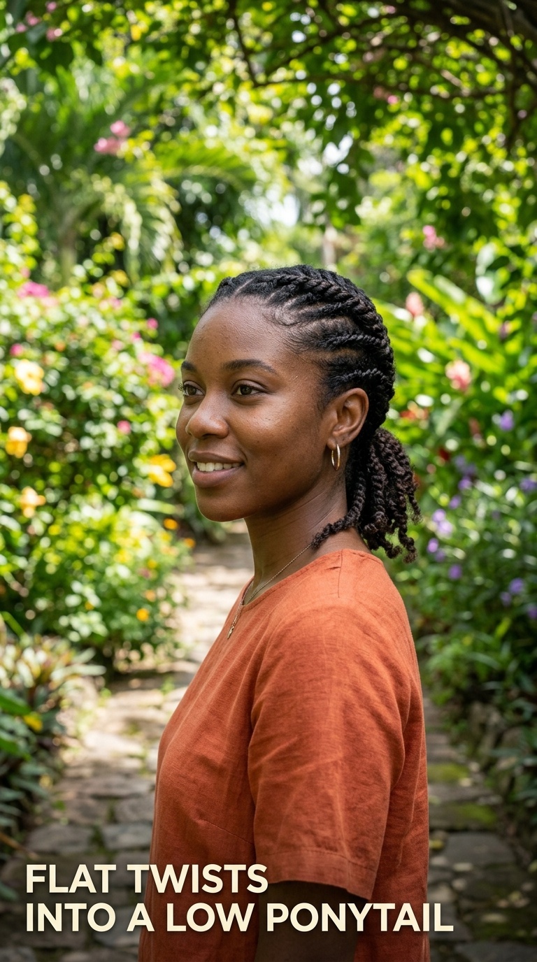 Flat Twists into a Low Ponytail