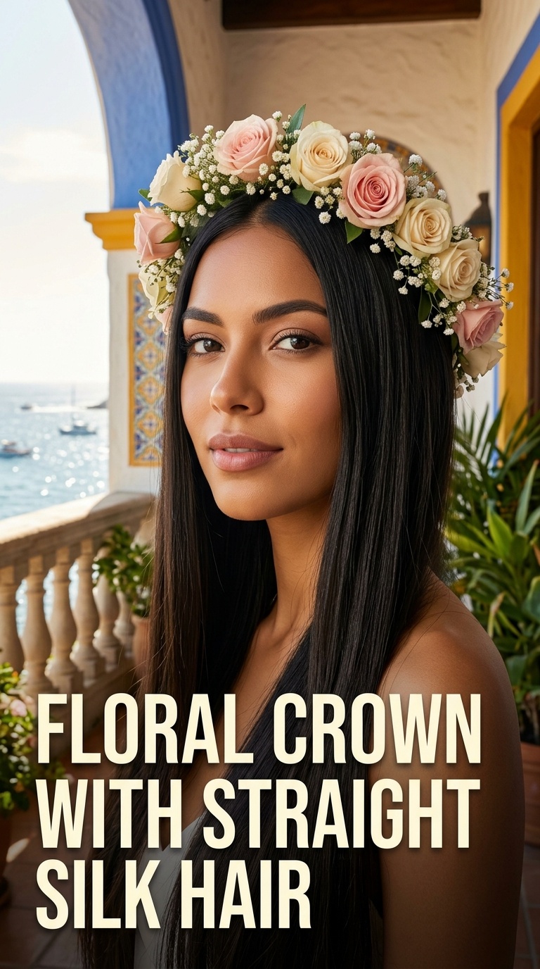 Floral Crown with Straight Silk Hair