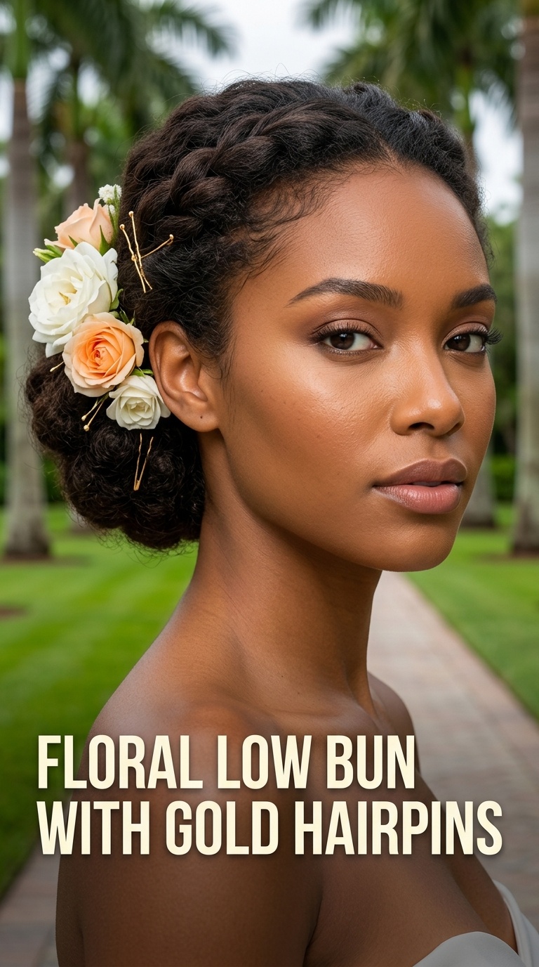 Floral Low Bun with Gold Hairpins
