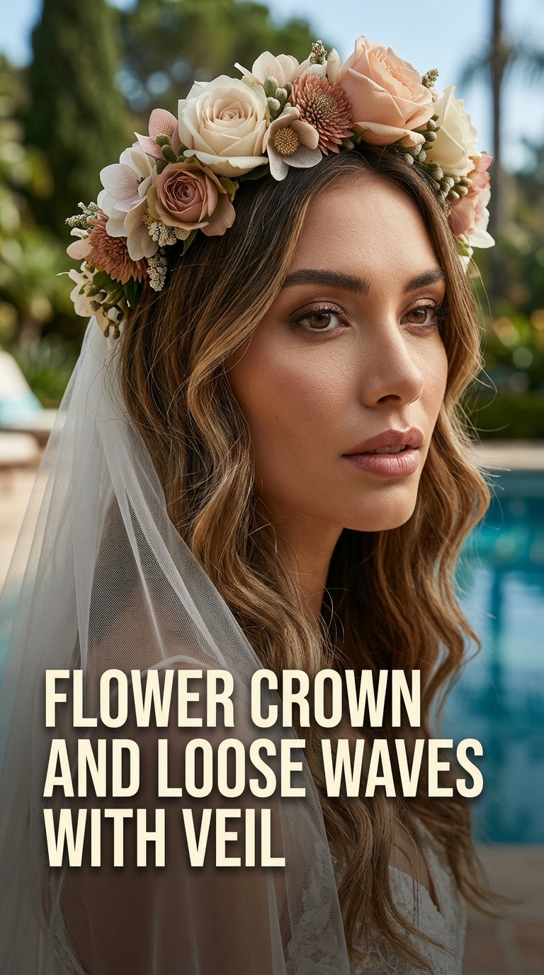 Flower Crown and Loose Waves with Veil