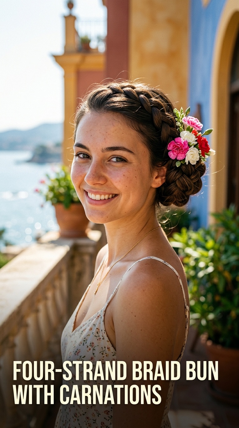 Four-Strand Braid Bun with Carnations