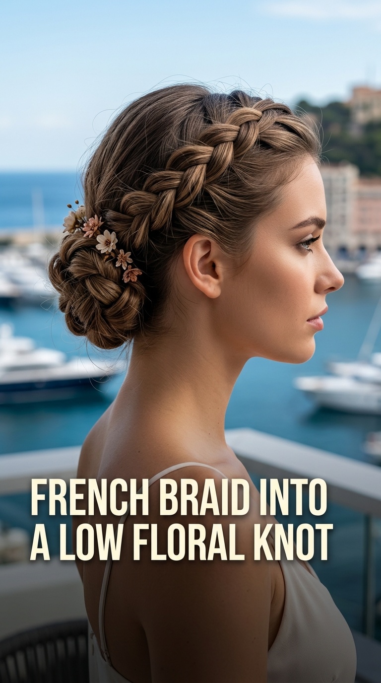 French Braid into a Low Floral Knot