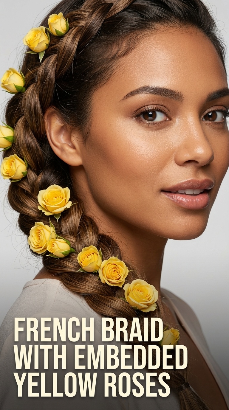 French Braid with Embedded Yellow Roses