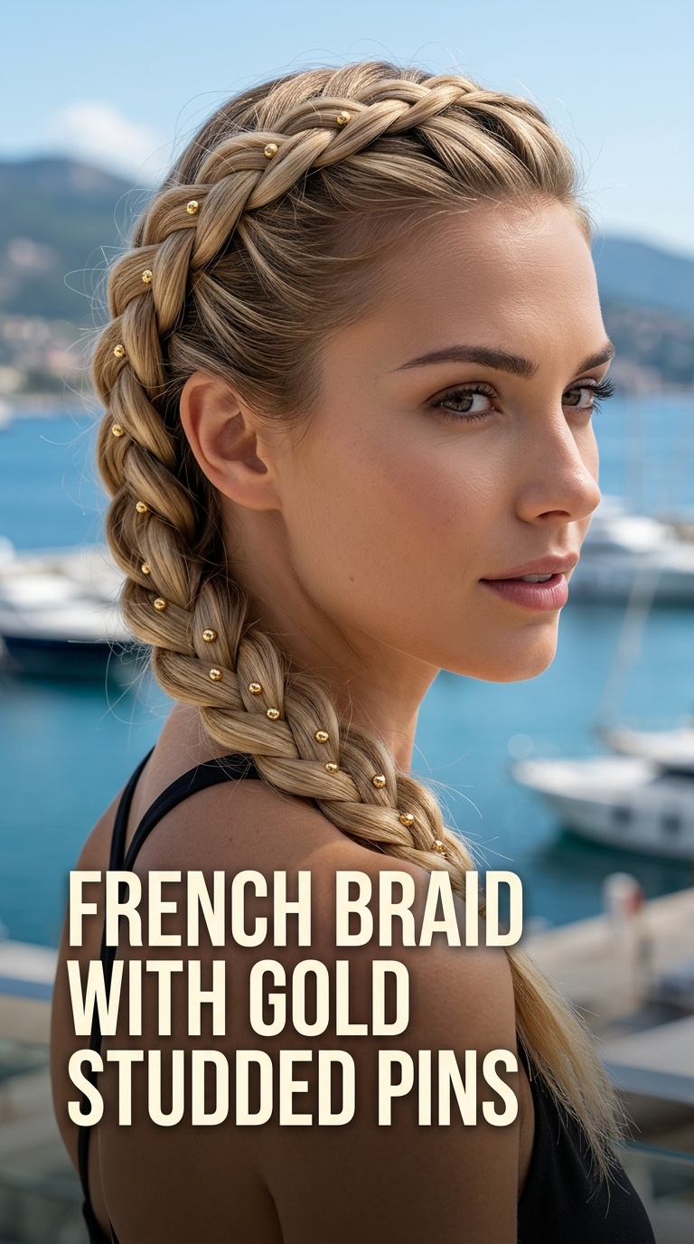 French Braid with Gold Studded Pins