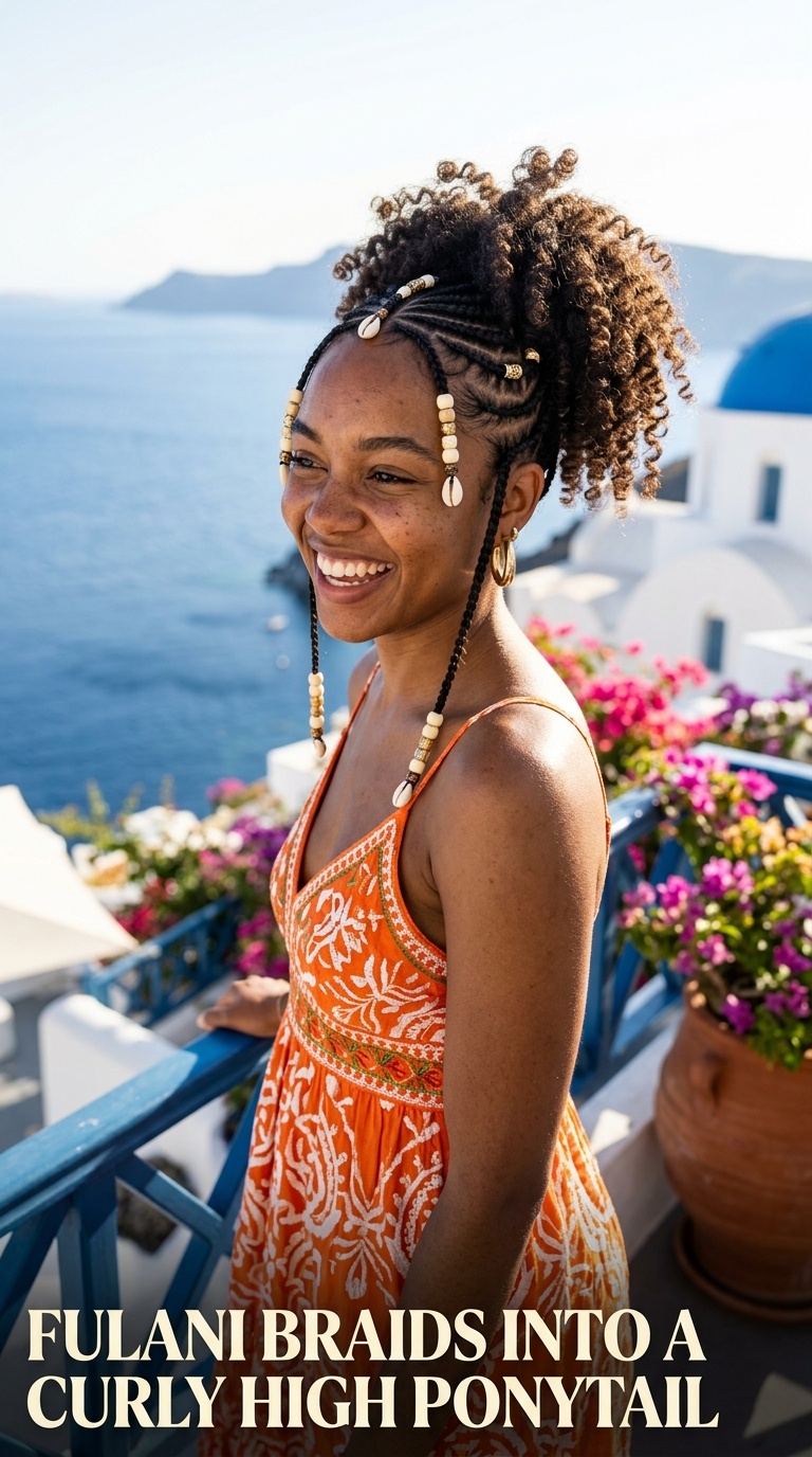 Fulani Braids into a Curly High Ponytail
