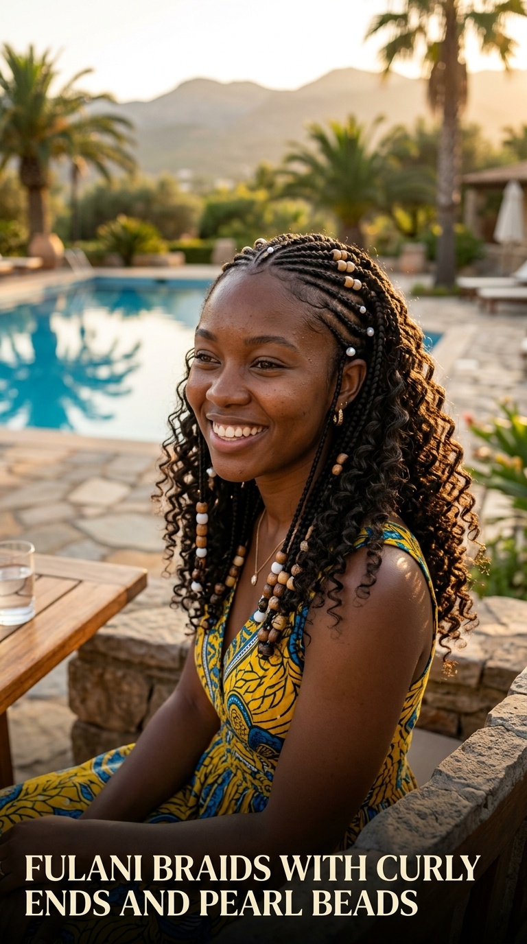 Fulani Braids with Curly Ends and Pearl Beads