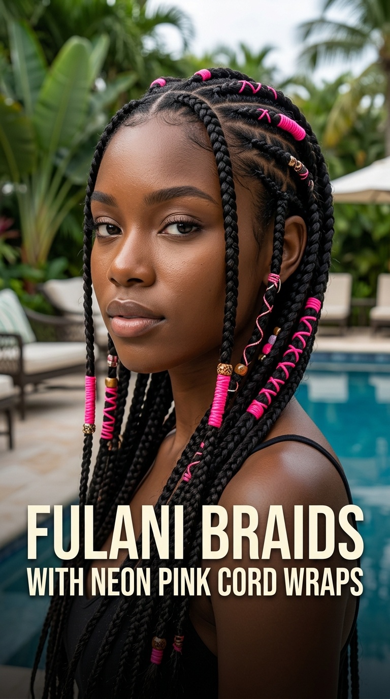Fulani Braids with Neon Pink Cord Wraps