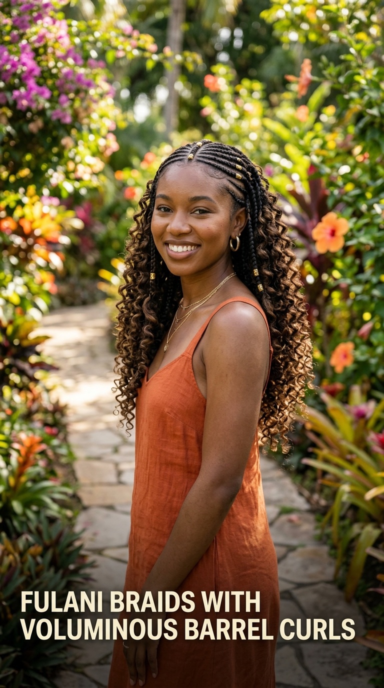 Fulani Braids with Voluminous Barrel Curls